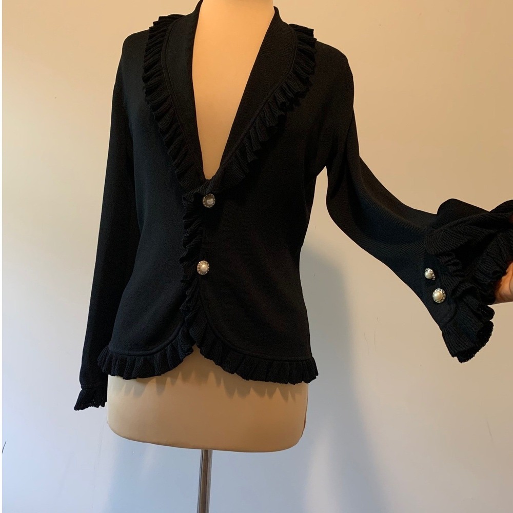 Vertigo Paris Black Ruffle Trim Pearl Button Womens Cardigan Sweater Top Medium - Picture 2 of 11
